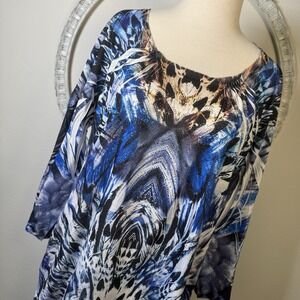 CHICOS 2 Large Blue Tang Multicolor Polyester Rhinestone Blouse Shirt Top Bling